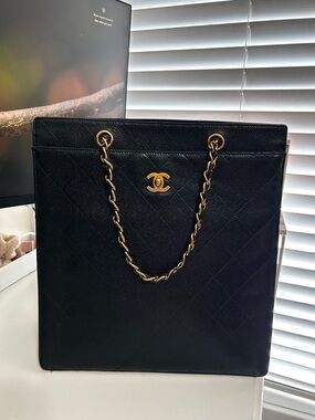 CHANEL Black Quilted Leather Chain Tote with Gold CC Logo